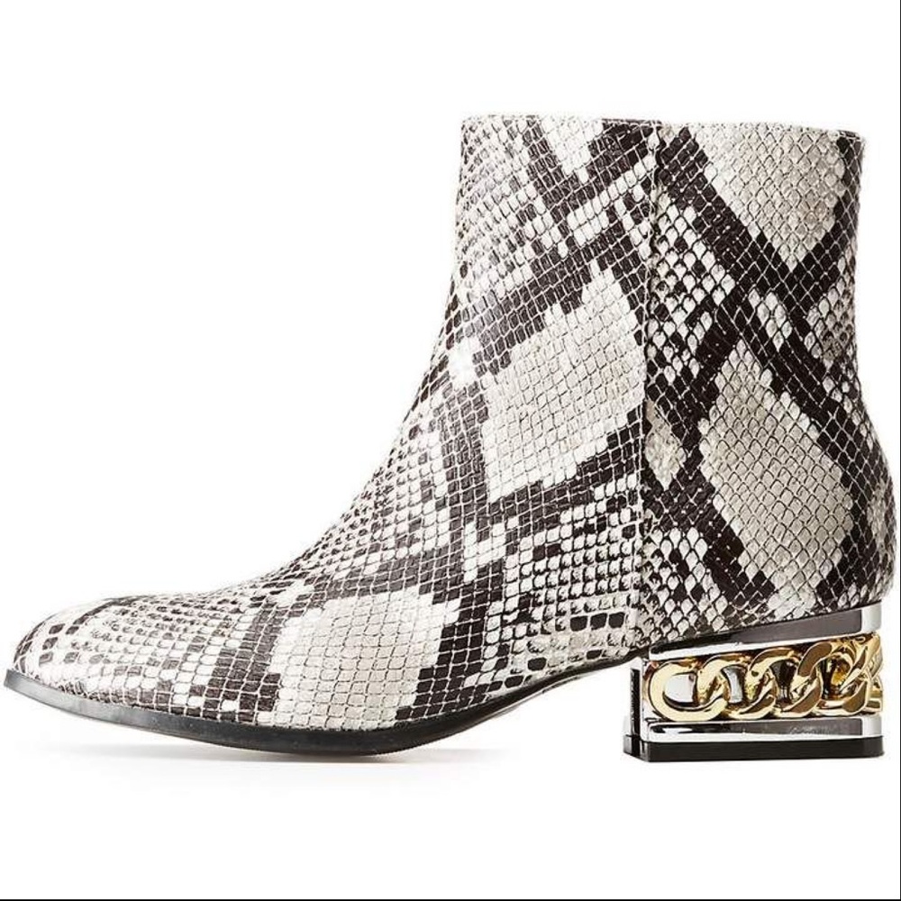 Bamboo snakeskin gold chain detail heel booties